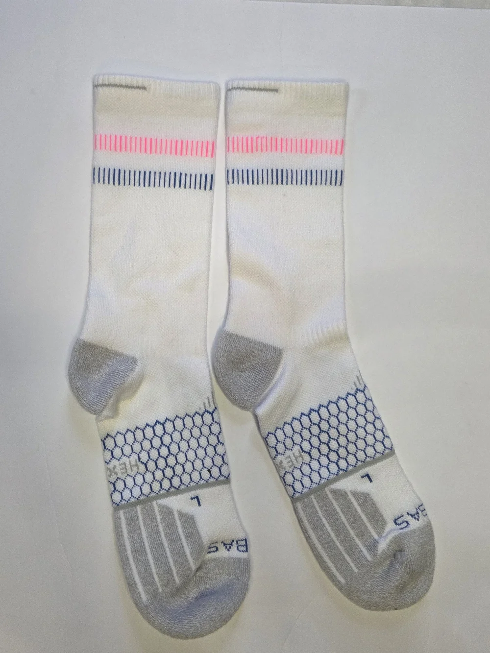 Bombas White Crew Socks with Pink and Blue Accents